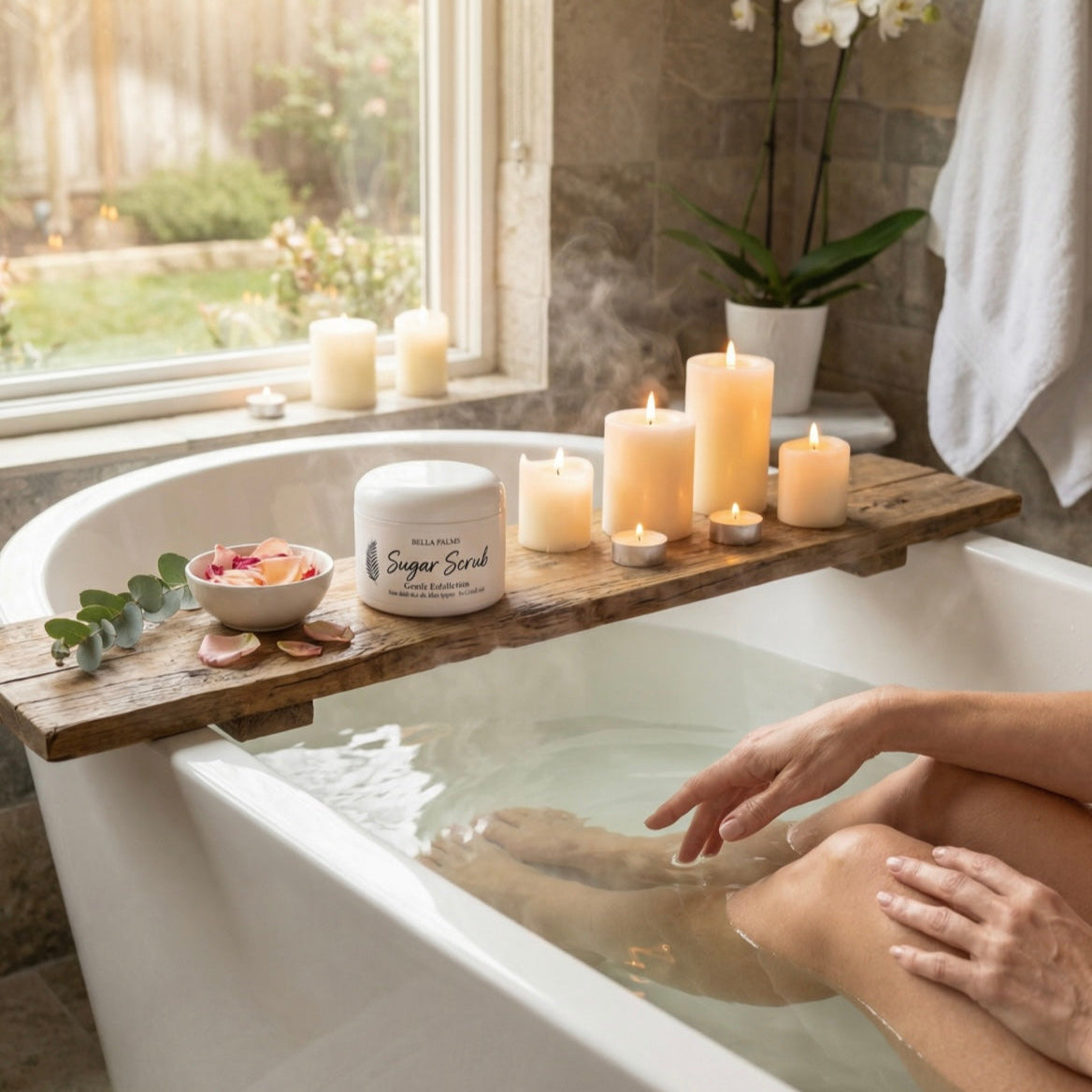 Bella Palms Sugar Scrub in bathtub