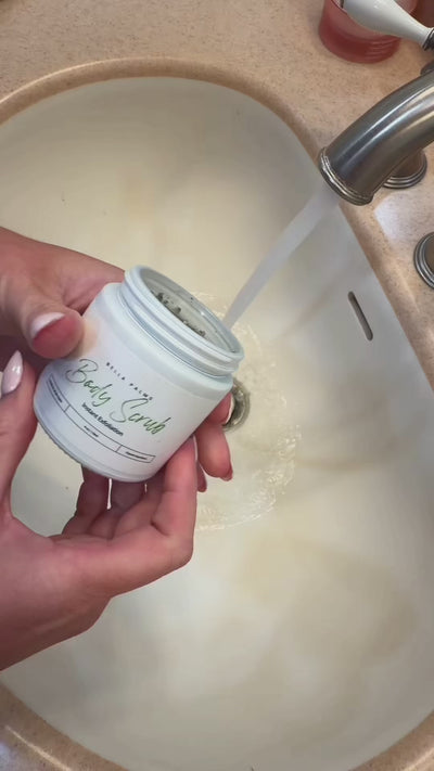 showing the lava scrub texture from the jar and then using the lava scrub on hands and forearm in the sink showing the texture of the product